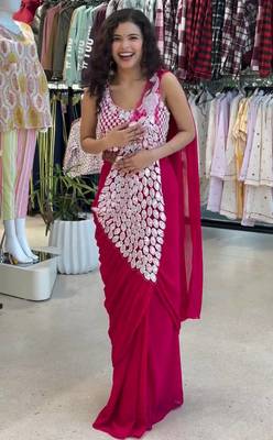 Rani-pink green embroidered faux georgette ready to wear saree with blouse 4