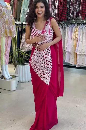 Rani-pink green embroidered faux georgette ready to wear saree with blouse