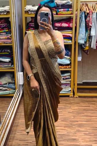 Golden embroidered satin ready to wear saree with blouse
