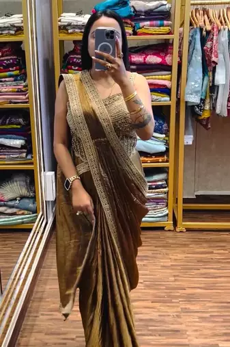 Golden embroidered satin ready to wear saree with blouse