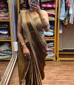 Golden embroidered satin ready to wear saree with blouse
