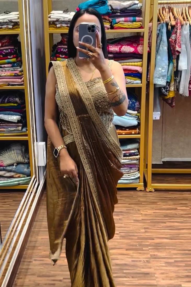 Golden embroidered satin ready to wear saree with blouse
