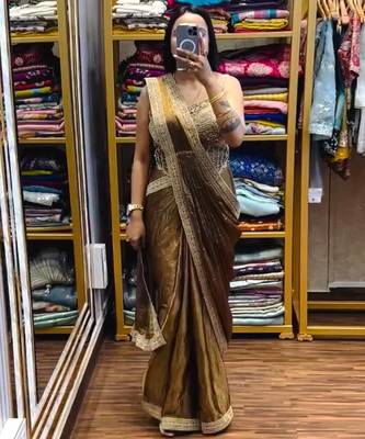 Golden embroidered satin ready to wear saree with blouse 2