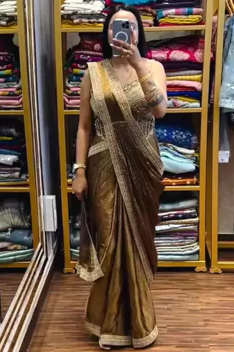 Golden embroidered satin ready to wear saree with blouse