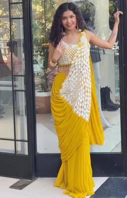 Yellow green embroidered faux georgette ready to wear saree with blouse 5