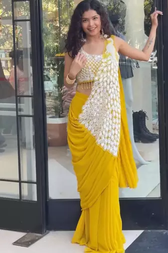 Yellow green embroidered faux georgette ready to wear saree with blouse