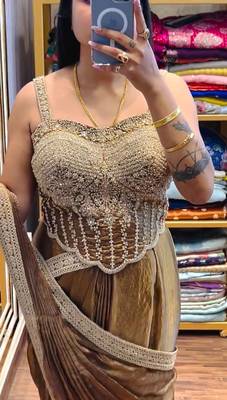 Golden embroidered satin ready to wear saree with blouse 3