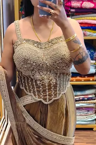 Golden embroidered satin ready to wear saree with blouse