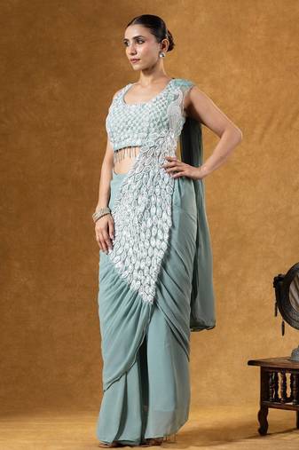 Green green embroidered faux georgette ready to wear saree with blouse