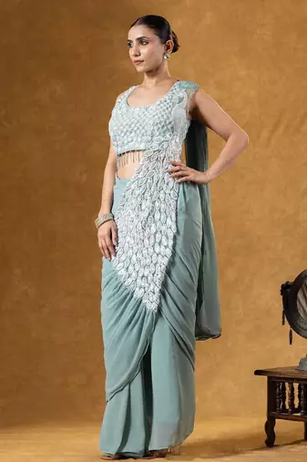 Green green embroidered faux georgette ready to wear saree with blouse