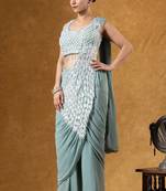 Green green embroidered faux georgette ready to wear saree with blouse