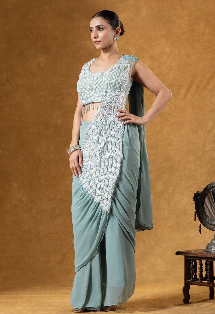 Green green embroidered faux georgette ready to wear saree with blouse
