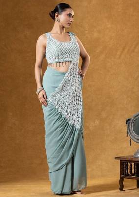 Green green embroidered faux georgette ready to wear saree with blouse 2