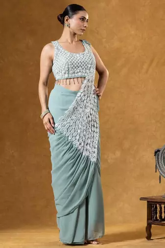 Green green embroidered faux georgette ready to wear saree with blouse