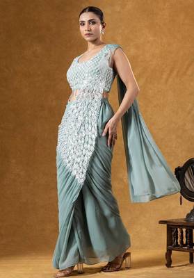 Green green embroidered faux georgette ready to wear saree with blouse 3