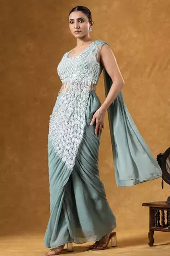 Green green embroidered faux georgette ready to wear saree with blouse