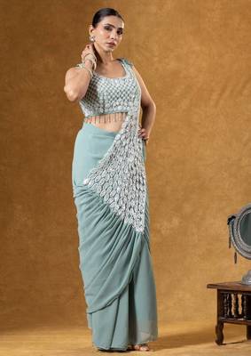 Green green embroidered faux georgette ready to wear saree with blouse 4