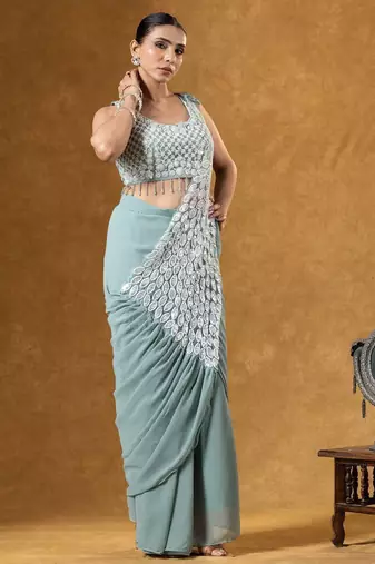 Green green embroidered faux georgette ready to wear saree with blouse