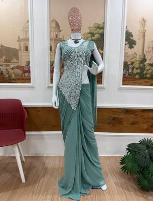 Green green embroidered faux georgette ready to wear saree with blouse 5
