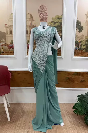 Green green embroidered faux georgette ready to wear saree with blouse