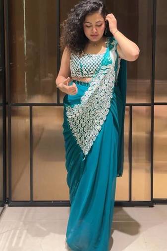 Rama green embroidered faux georgette ready to wear saree with blouse