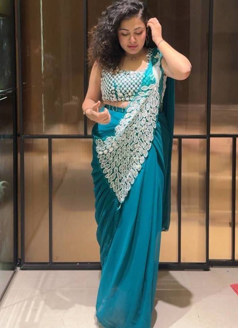 Rama green embroidered faux georgette ready to wear saree with blouse