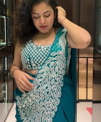 Rama green embroidered faux georgette ready to wear saree with blouse 2