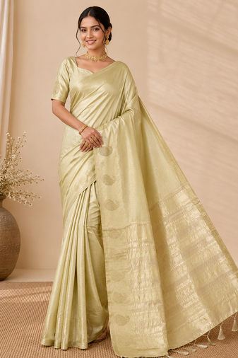 Light Parrot Green Color Fancy Nakashi Mango Figure Border With Tassels Fumka On Pallu Tussar Silk Saree