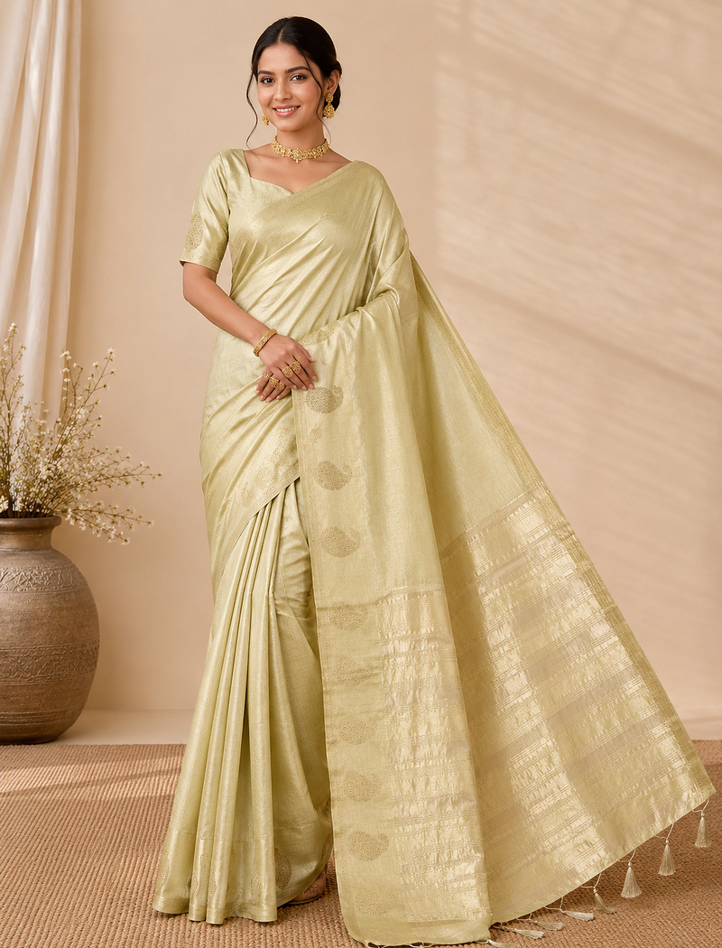 light parrot green fancy with tassels on pallu tussar silk saree