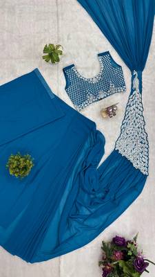 Rama green embroidered faux georgette ready to wear saree with blouse 5