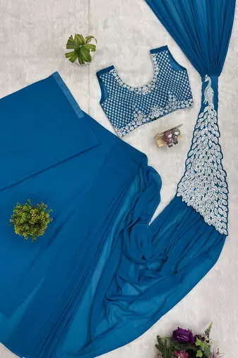 Rama green embroidered faux georgette ready to wear saree with blouse