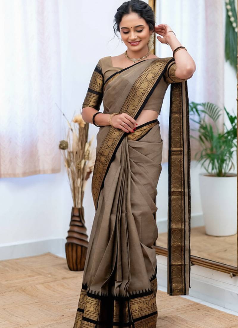 Cream weaving cotton silk ethnic saree with blouse