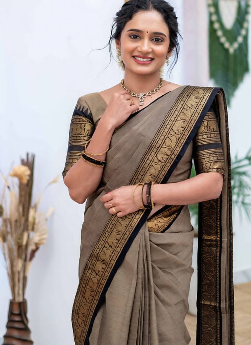 Cream weaving cotton silk ethnic saree with blouse