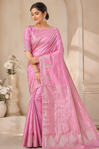 baby pink butta zari with tassels on pallu tussar silk saree
