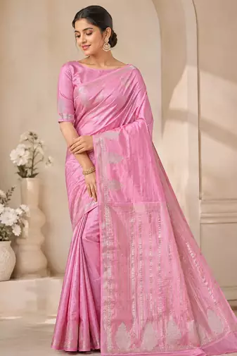 baby pink butta zari with tassels on pallu tussar silk saree
