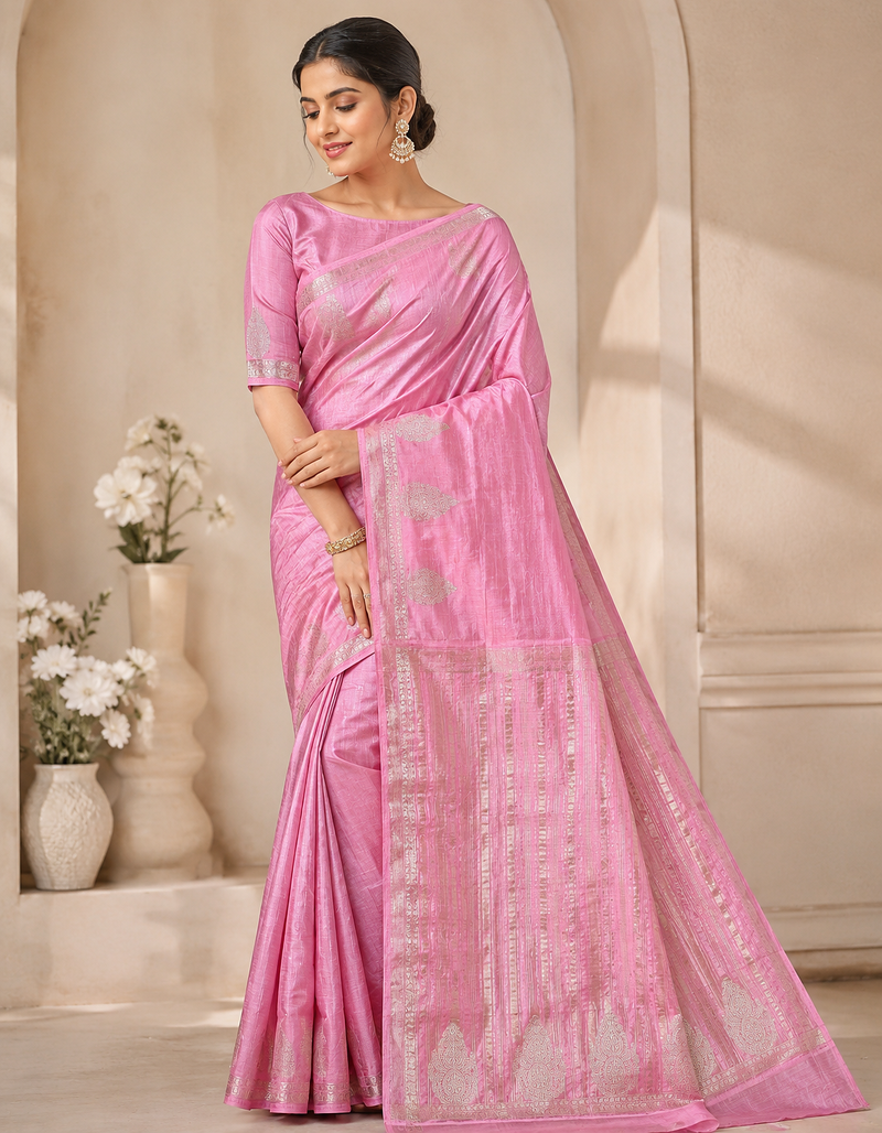 baby pink butta zari with tassels on pallu tussar silk saree