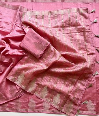 baby pink butta zari with tassels on pallu tussar silk saree 4