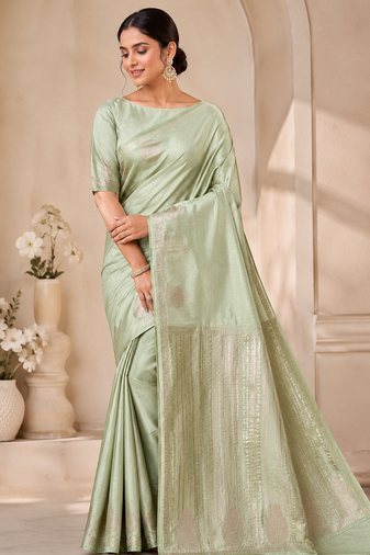 light parrot green butta zari with tassels on pallu tussar silk saree