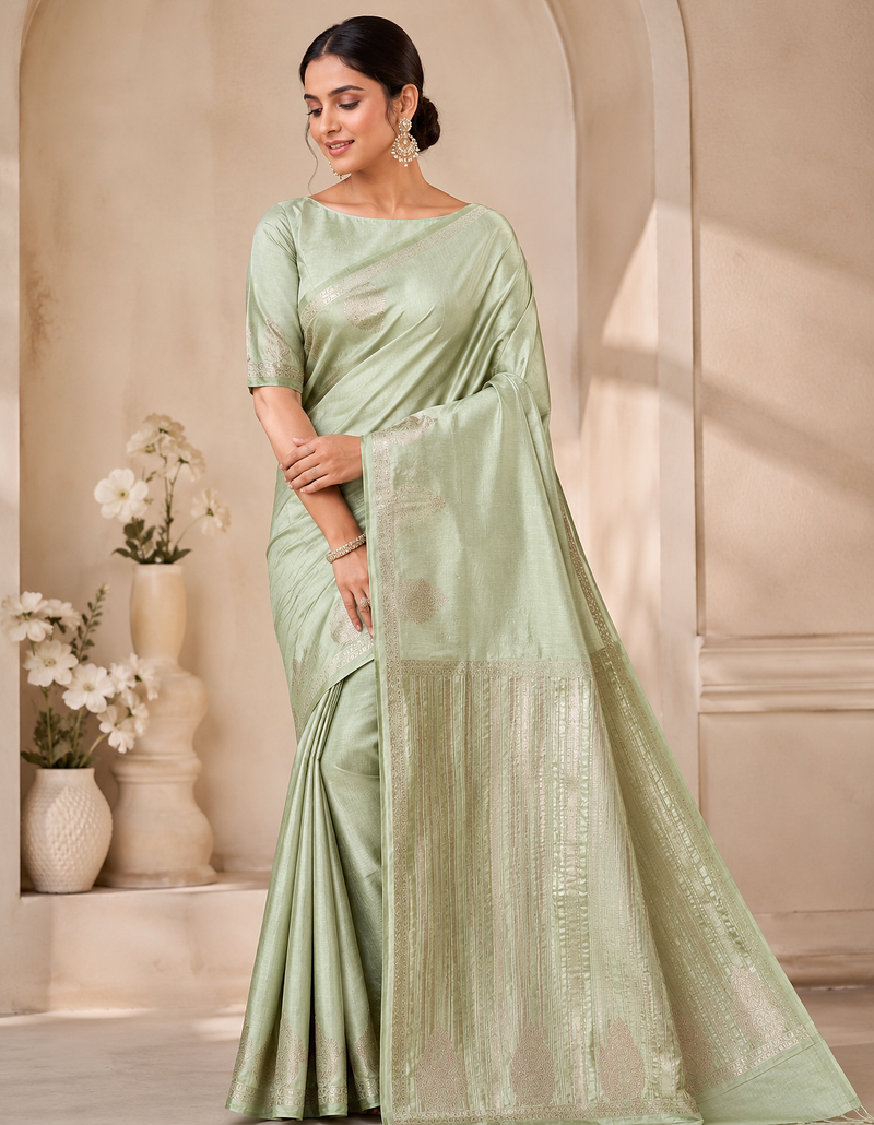 light parrot green butta zari with tassels on pallu tussar silk saree