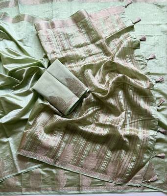 light parrot green butta zari with tassels on pallu tussar silk saree 4