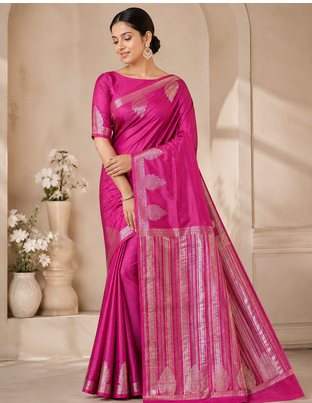 Rani Pink Color Nakashi Butta Figure Border Jari With Tassels Fumka On Pallu Tussar Silk Saree 1