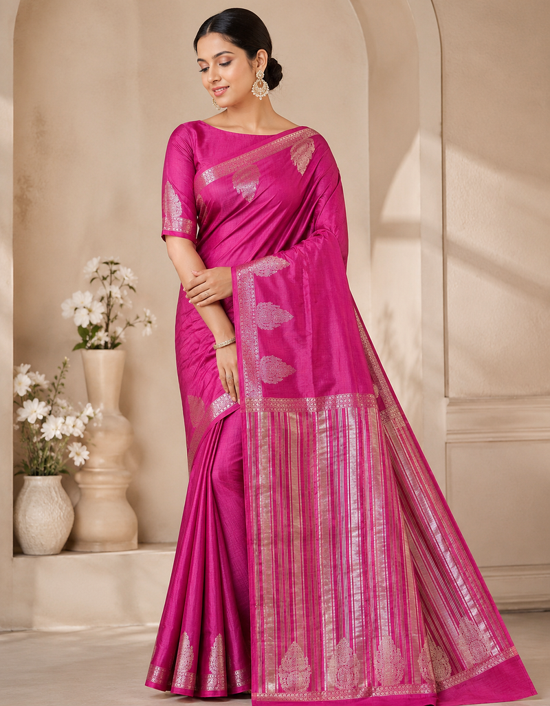 rani pink butta zari with tassels on pallu tussar silk saree