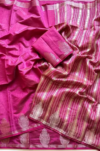rani pink butta zari with tassels on pallu tussar silk saree