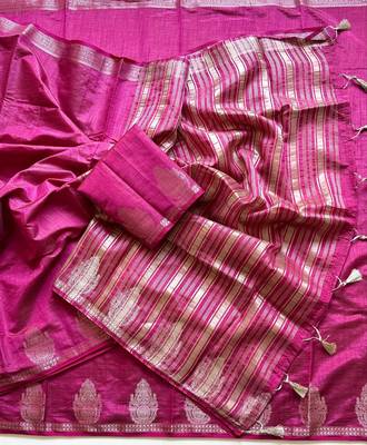 Rani Pink Color Nakashi Butta Figure Border Jari With Tassels Fumka On Pallu Tussar Silk Saree 3