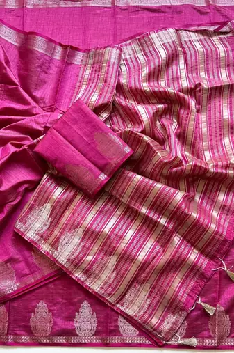 rani pink butta zari with tassels on pallu tussar silk saree