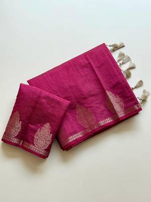 Rani Pink Color Nakashi Butta Figure Border Jari With Tassels Fumka On Pallu Tussar Silk Saree 4