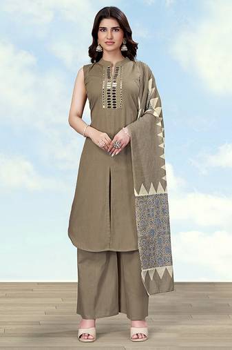 Dark beige color cotton blend mirror work kurta pair