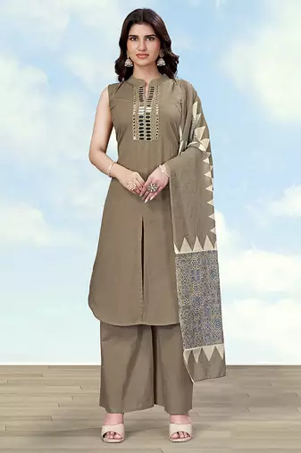 Dark beige color cotton blend mirror work kurta pair