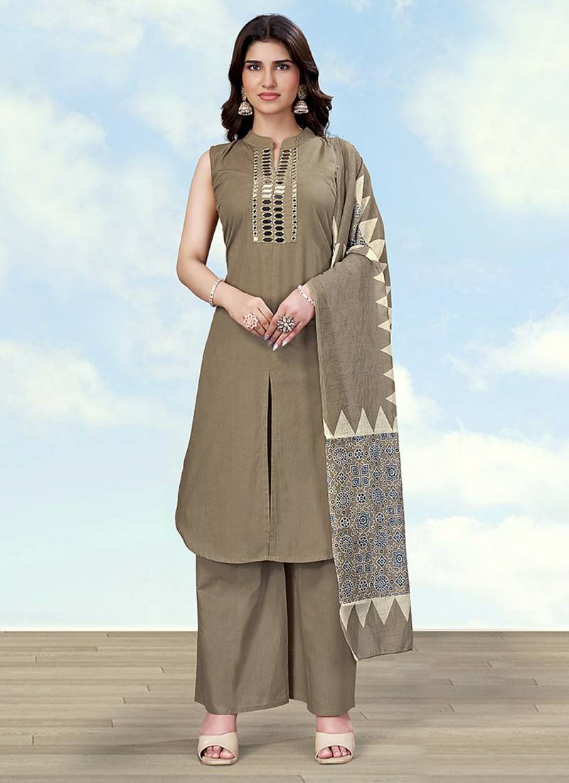 Dark beige color cotton blend mirror work kurta pair