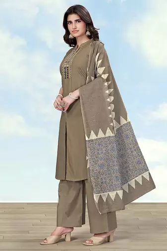 Dark beige color cotton blend mirror work kurta pair
